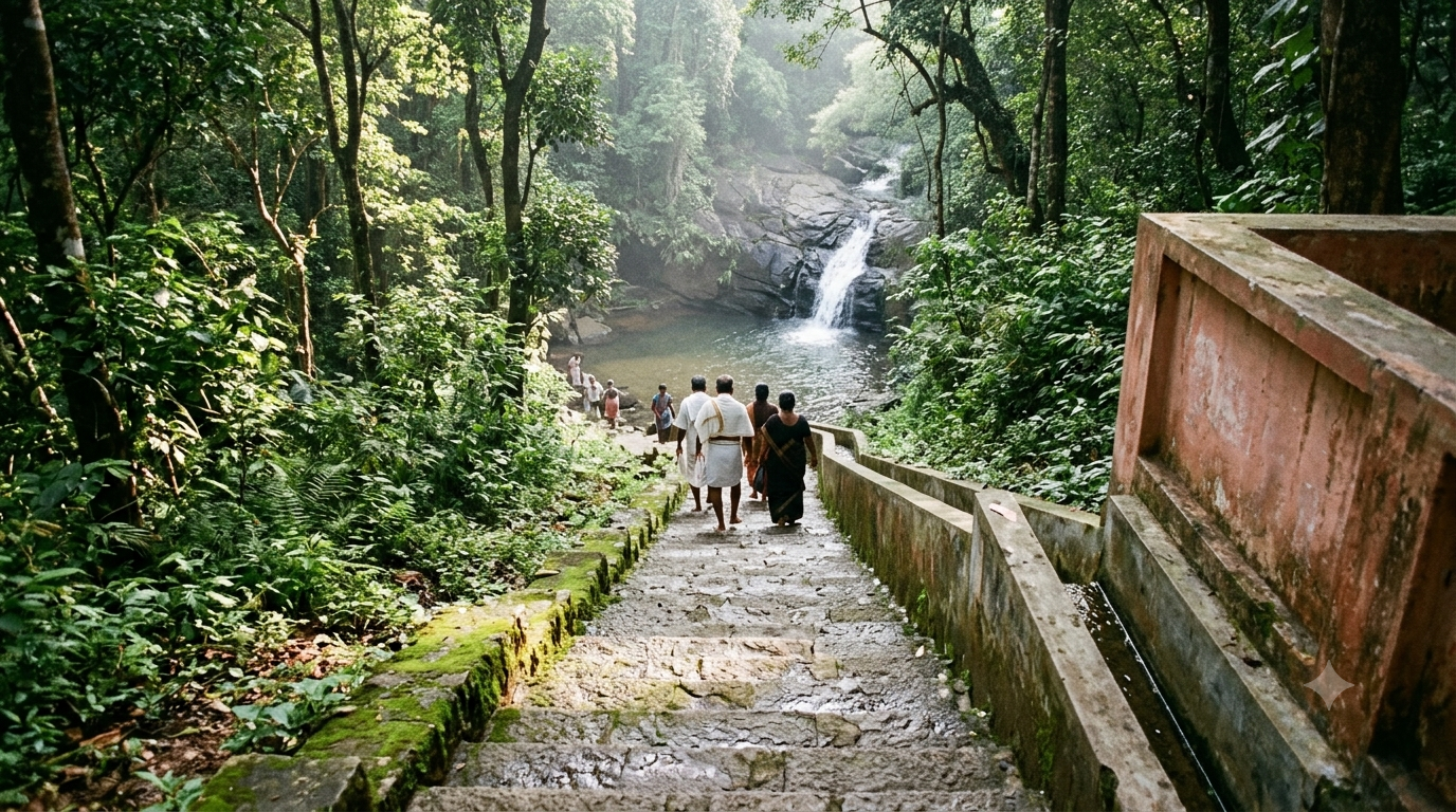 Pilgrims taking theertham at Tirumala Akasha Ganga Darshan steps beside the Seshachalam hills waterfall