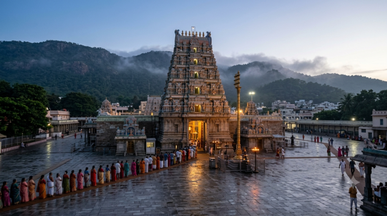 Tirumala Angapradakshinam Tickets Online: pilgrims in a pre-dawn temple queue