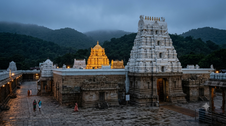 Tirumala Angapradakshinam tickets booking — pre-dawn Tirumala temple with gold vimana and distant pilgrims