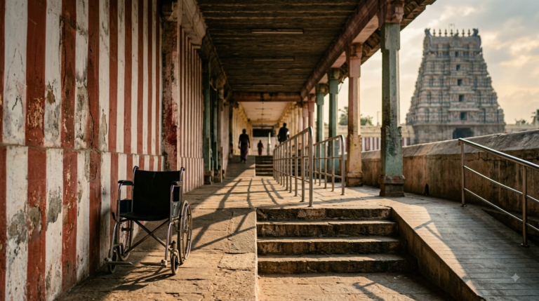 Tirumala Darshan Physically Handicapped queue entrance with wheelchair access and ramp at the temple
