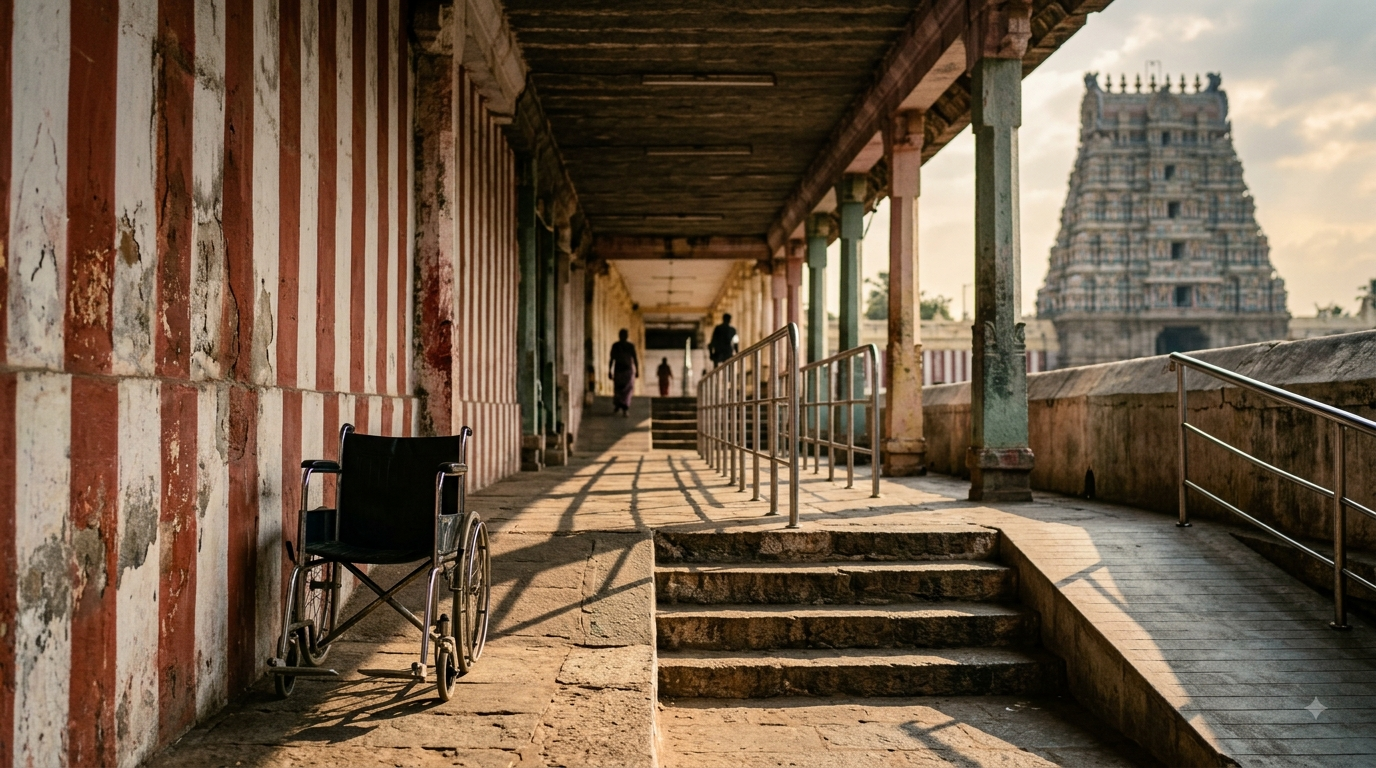 Tirumala Darshan Physically Handicapped queue entrance with wheelchair access and ramp at the temple