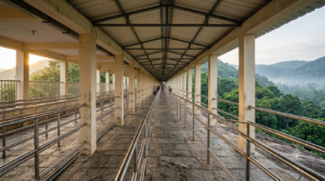 Tirumala darshan for pregnant ladies — covered pilgrim queue corridor at the hilltop temple entrance