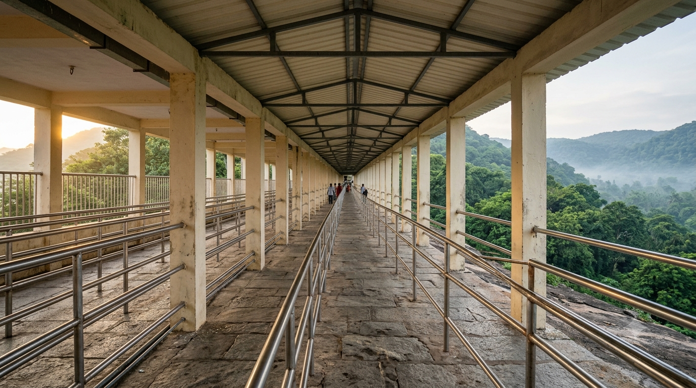 Tirumala darshan for pregnant ladies — covered pilgrim queue corridor at the hilltop temple entrance