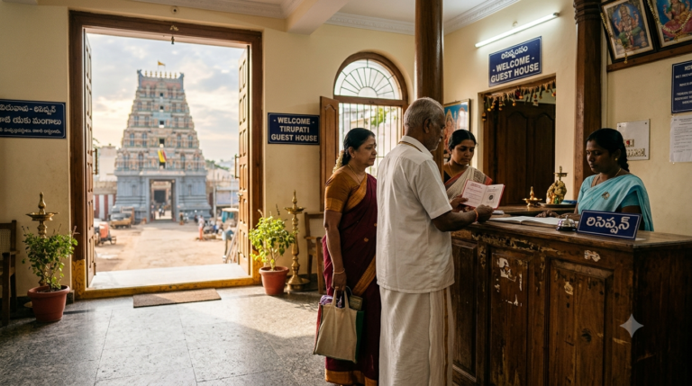 Tirumala donor accommodation booking — pilgrims at a TTD reception counter with passbook and ID