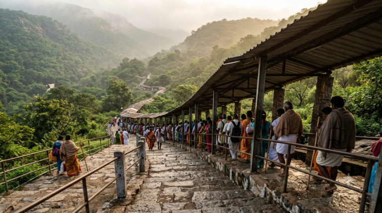 Tirumala Footpath Darshan Tickets: pilgrims climbing the covered Alipiri stone steps at dawn