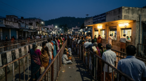 Tirumala free darshan tickets queue at a TTD token counter in Tirupati before dawn