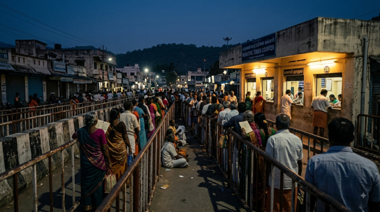 Tirumala free darshan tickets queue at a TTD token counter in Tirupati before dawn