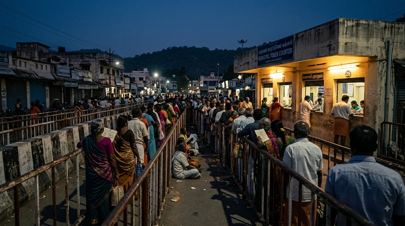Tirumala free darshan tickets queue at a TTD token counter in Tirupati before dawn
