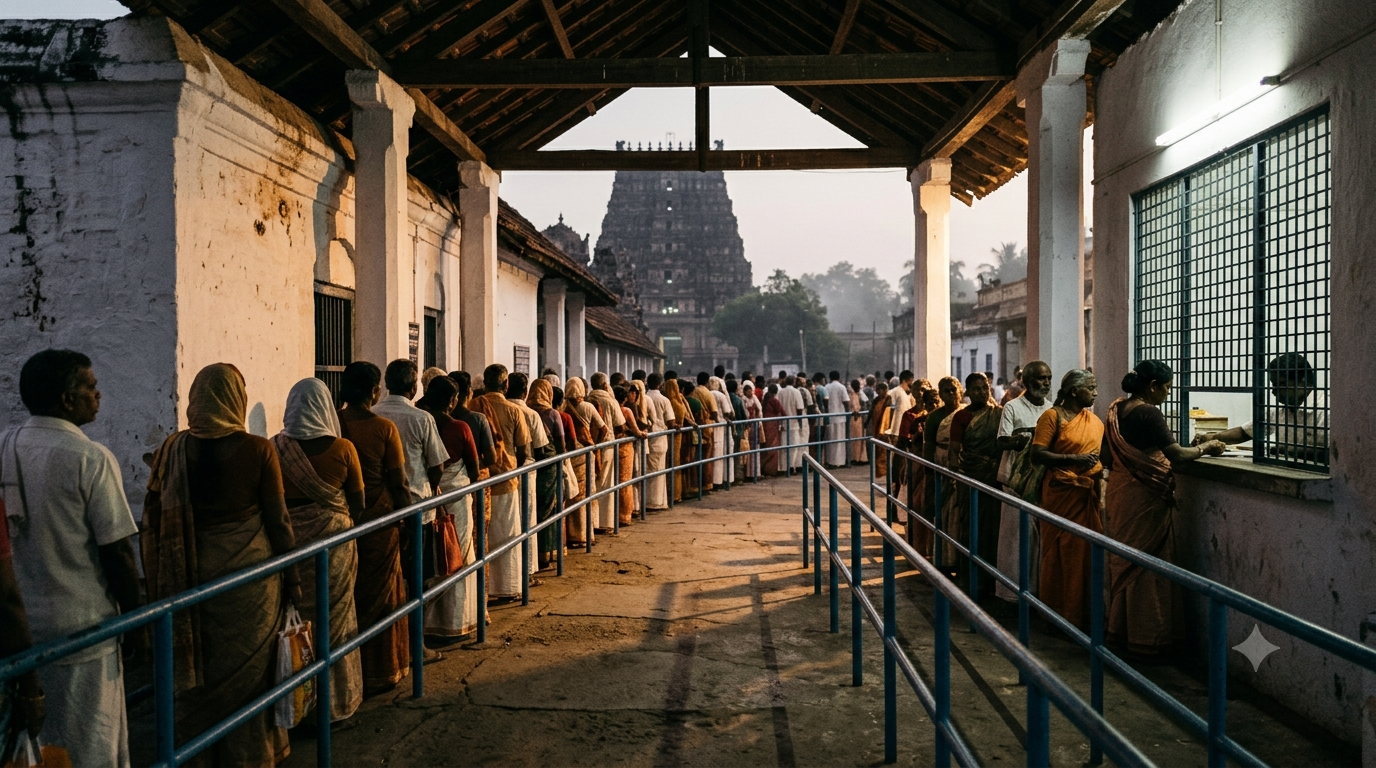 Tirumala Mutt Online Booking guide — pilgrims queuing at a Tirumala room allotment counter at dawn
