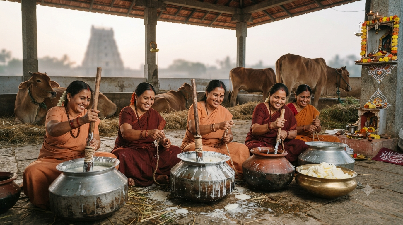 Tirumala Navaneeta Seva women volunteers traditionally churning curd into fresh butter