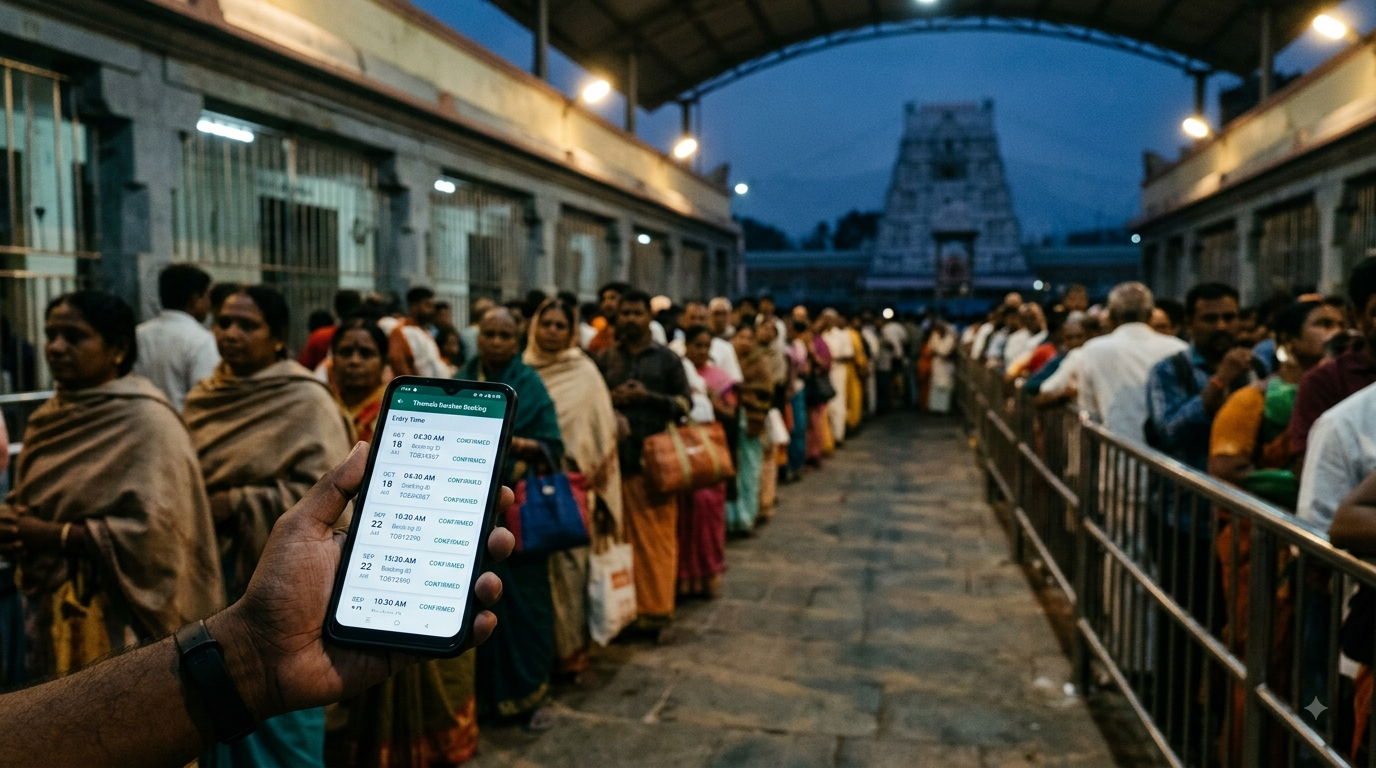 Tirumala Nijapada Darshanam Tickets check on a phone beside a pre-dawn pilgrim queue at the temple