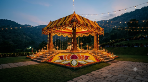Tirumala Padmavathi Parinayam Festival mandapam decorated with flowers and lamps at Narayanagiri Gardens, Tirumala
