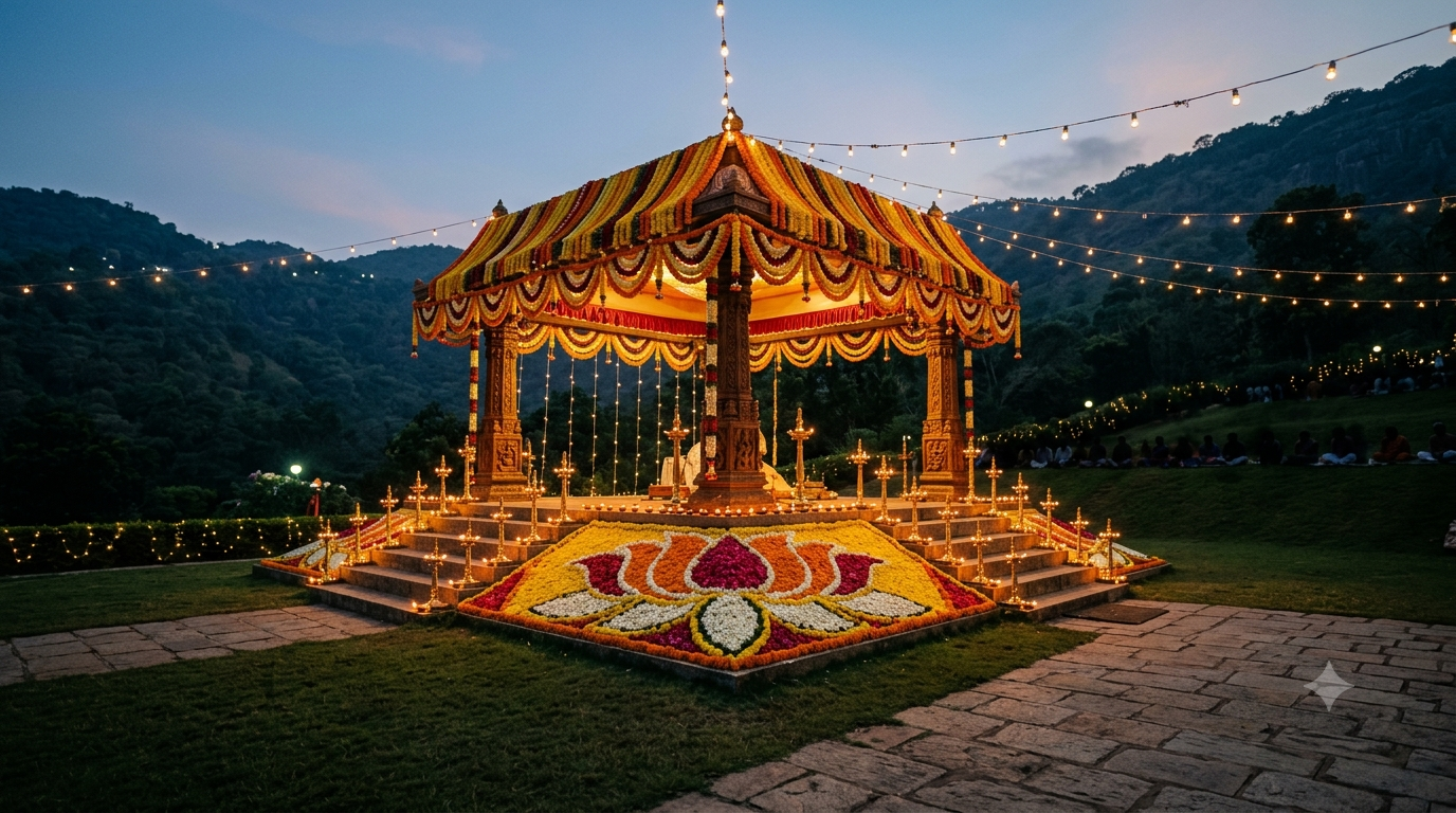 Tirumala Padmavathi Parinayam Festival mandapam decorated with flowers and lamps at Narayanagiri Gardens, Tirumala