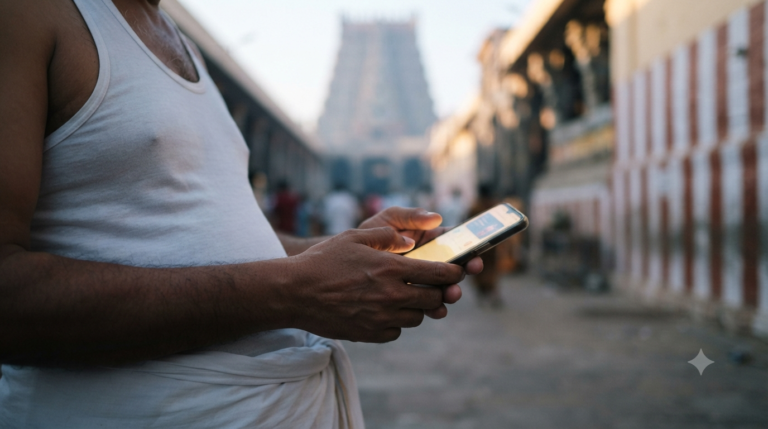 Tirumala Parakamani Seva Online registration being checked on a phone near a South Indian temple
