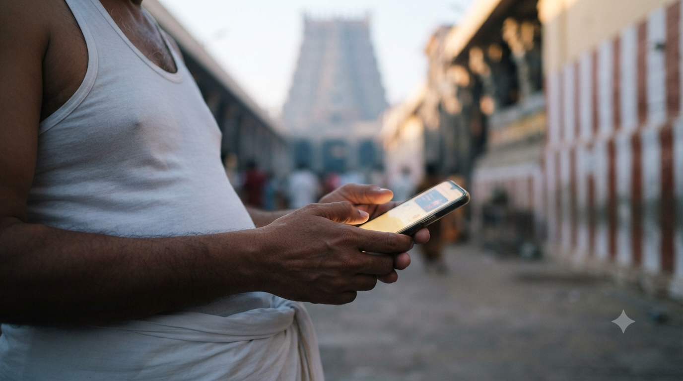 Tirumala Parakamani Seva Online registration being checked on a phone near a South Indian temple