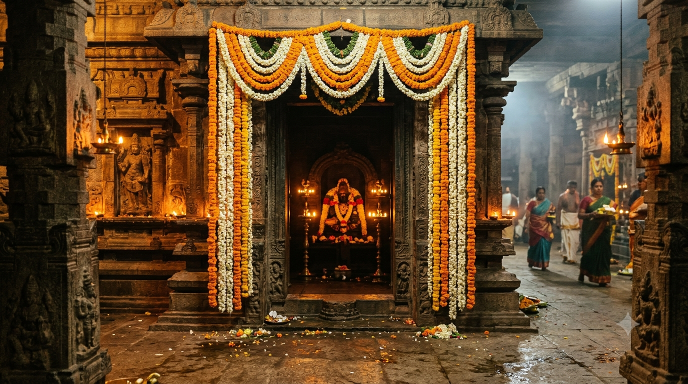 Tirumala Poolangi Seva Timings: flower garlands decorating the temple sanctum at night