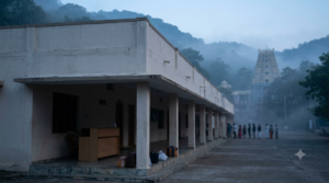 Tirumala Pushpagiri Mutt rooms guide — pilgrim guest house block in the Tirumala hill town at dawn