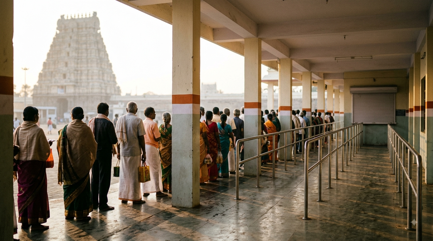 Tirumala Sarva Darshan tickets queue at a TTD token counter complex in Tirupati town