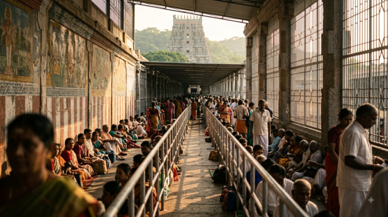 Tirumala Sarva Darshan Timings: pilgrims waiting in the covered queue complex at early morning