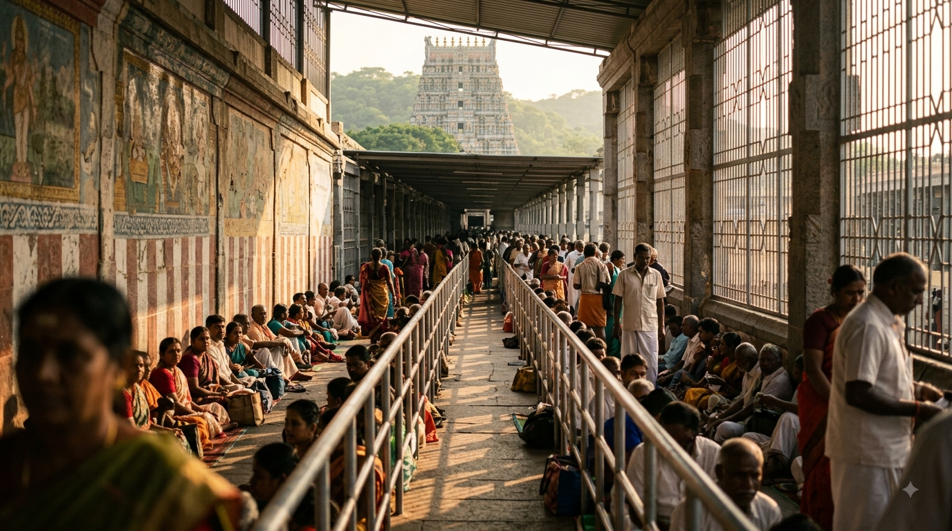 Tirumala Sarva Darshan Timings: pilgrims waiting in the covered queue complex at early morning