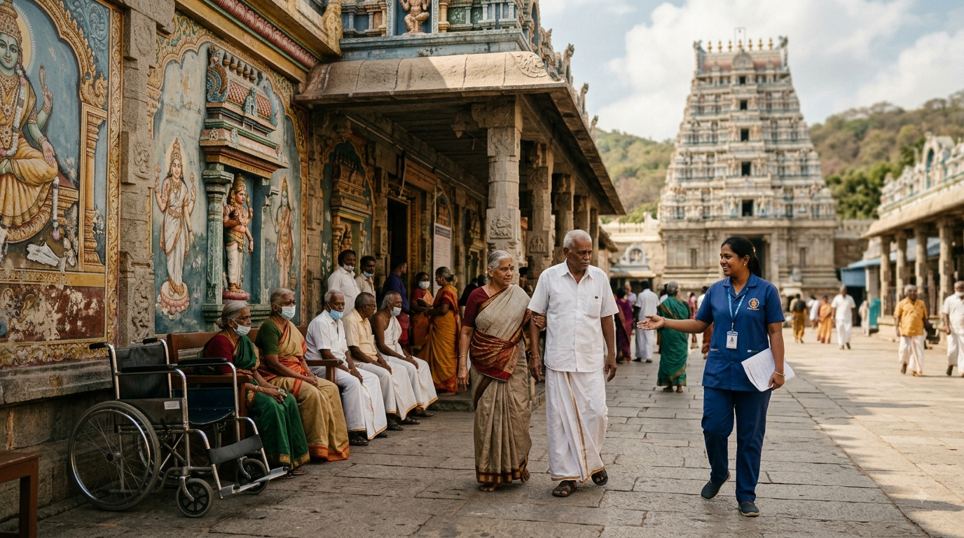 Tirumala senior citizen darshan reporting counter with elderly pilgrims and volunteer assistance