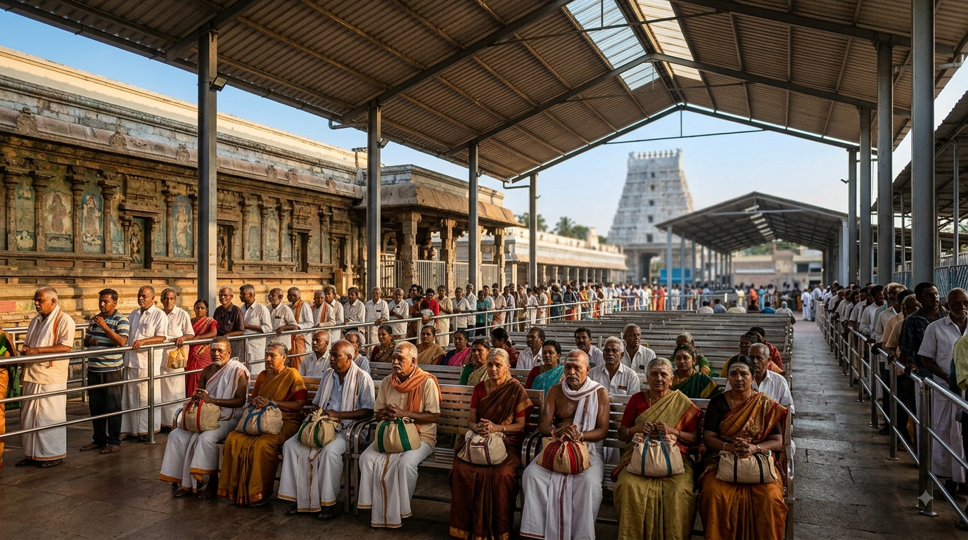 Tirumala senior citizen darshan queue of elderly pilgrims in a shaded waiting hall