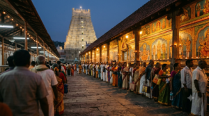 Tirumala Suprabhata Seva Tickets: pilgrims in a pre-dawn temple queue before the 3 AM seva