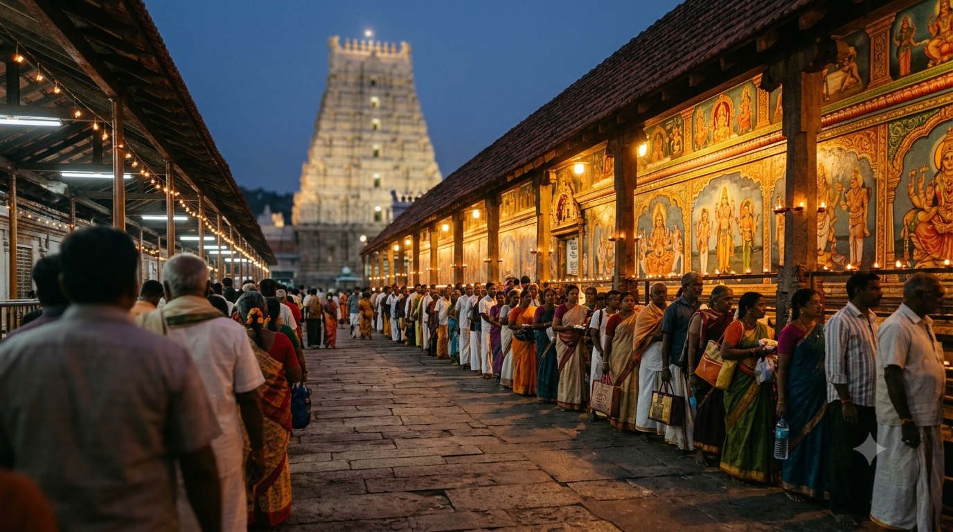 Tirumala Suprabhata Seva Tickets: pilgrims in a pre-dawn temple queue before the 3 AM seva