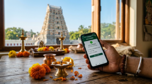 Tirumala TTD Virtual Seva online booking on a phone with oil lamps in the background