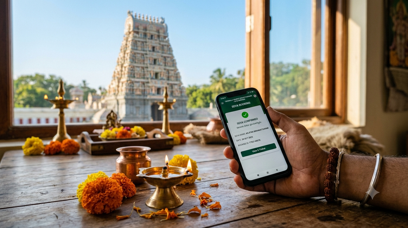 Tirumala TTD Virtual Seva online booking on a phone with oil lamps in the background