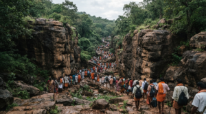 Tirumala Tumburu Theertham pilgrims trekking through the rocky Seshachalam forest route