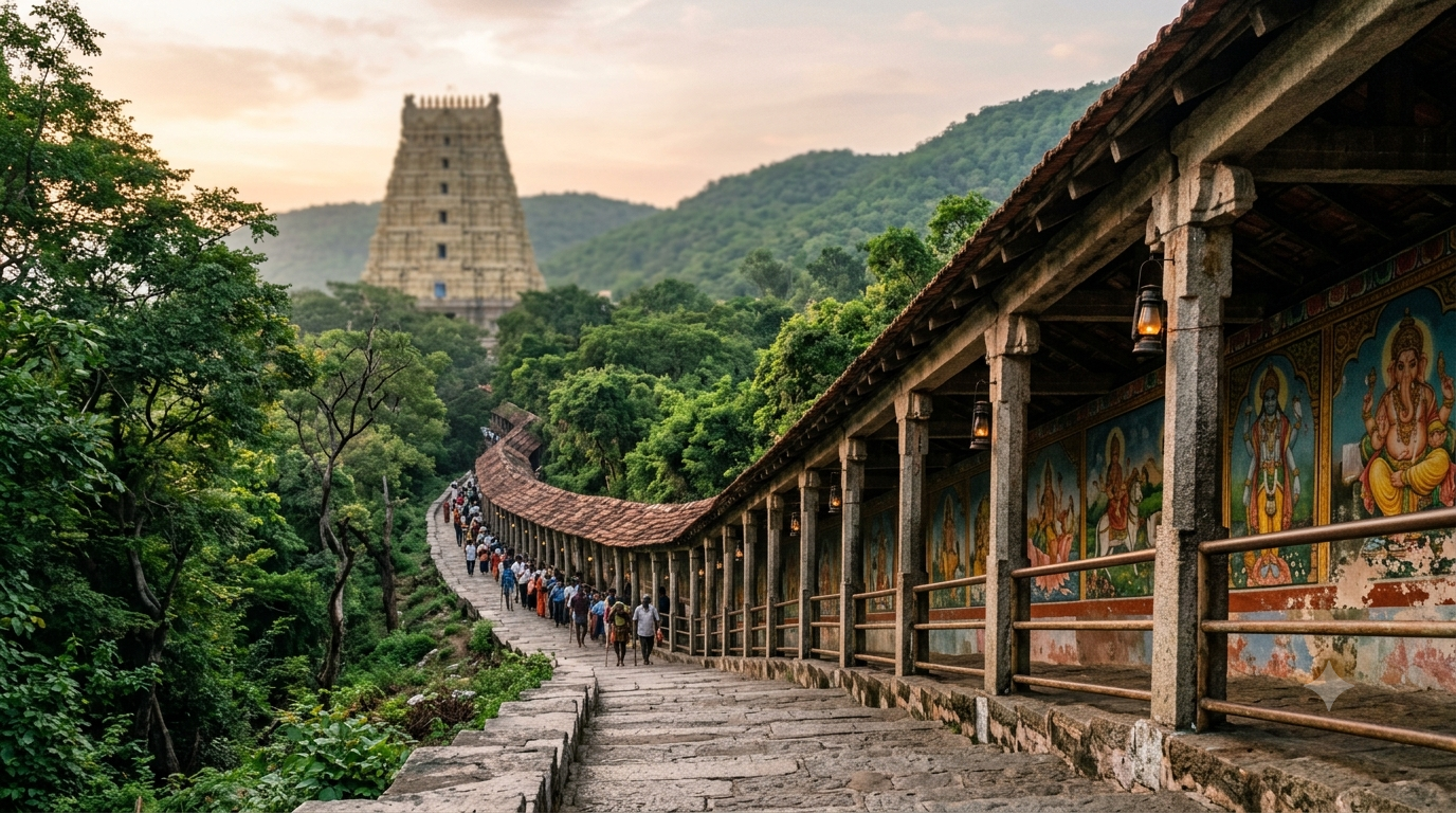 Tirumala footpath darshan timings sign and pilgrims climbing steps to Tirumala
