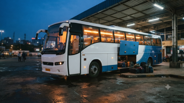 Tirupati Darshan Bus Package coach from Hyderabad boarding at an evening stop at dusk