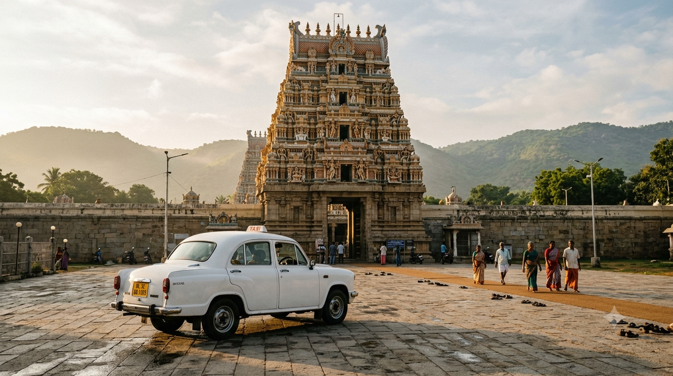 Tirupati local sightseeing package car waiting outside a South Indian temple gopuram