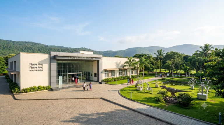 Tirupati Science Centre building and outdoor science park with visitors