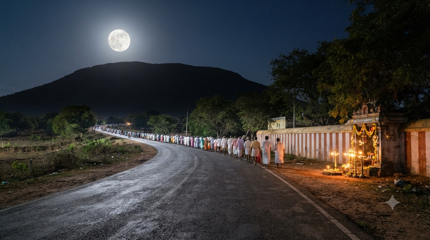 Pilgrims walking the Tiruvannamalai Girivalam dates route around Arunachala Hill on a full moon night