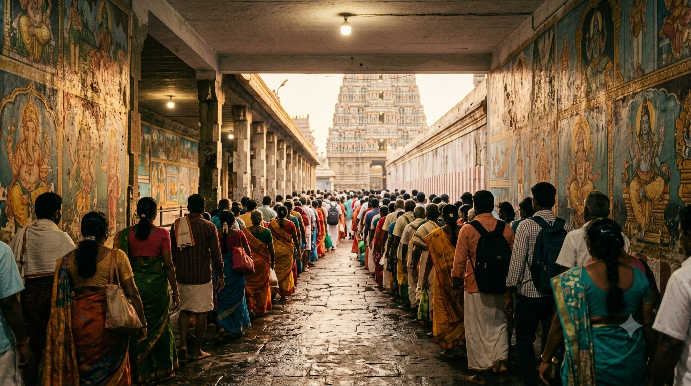Pilgrims waiting in the covered VIP break darshan queue walkway at Tirumala in soft morning light