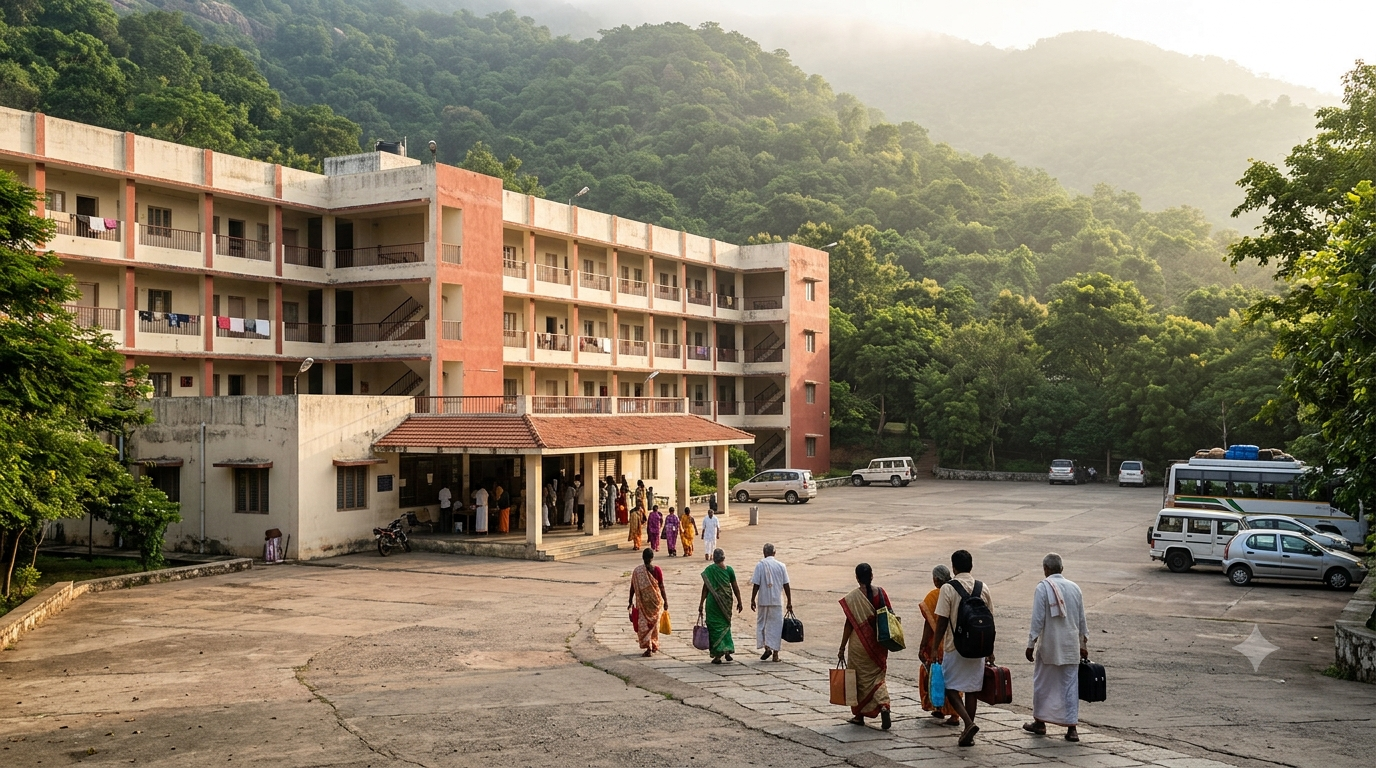 Varaha Swamy Guest House Tirumala TTD pilgrim accommodation blocks with devotees walking to reception