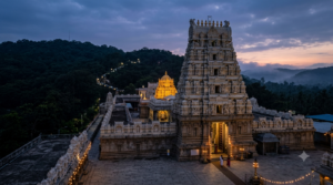 Vastralankara Seva Melchat Vastram at the Tirumala temple gopuram before dawn