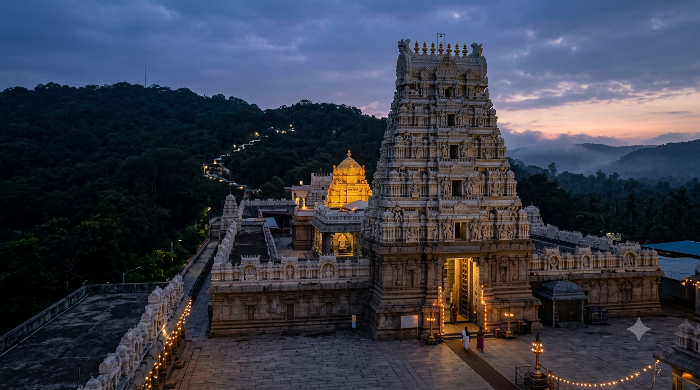 Vastralankara Seva Melchat Vastram at the Tirumala temple gopuram before dawn