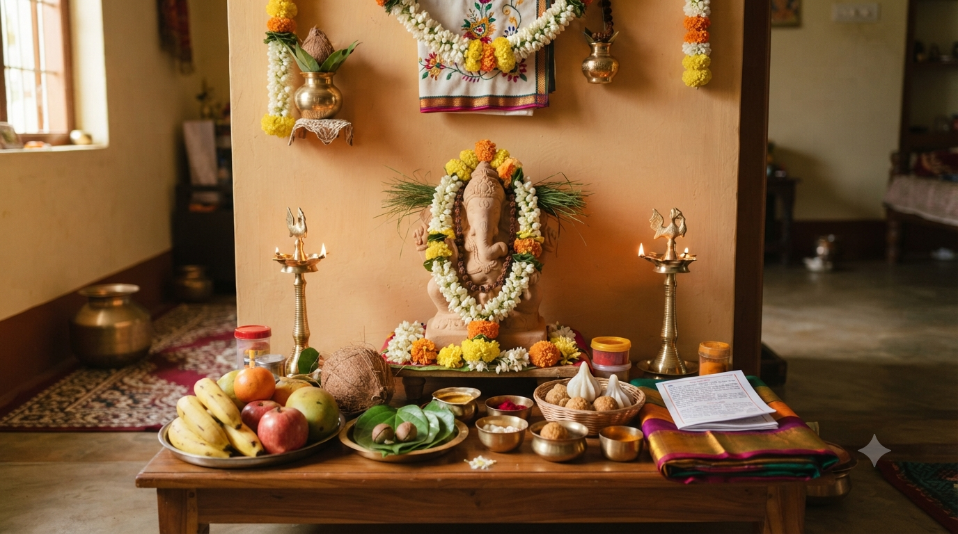 Vinayaka Chaturthi Pooja Vidhanam with traditional home pooja items