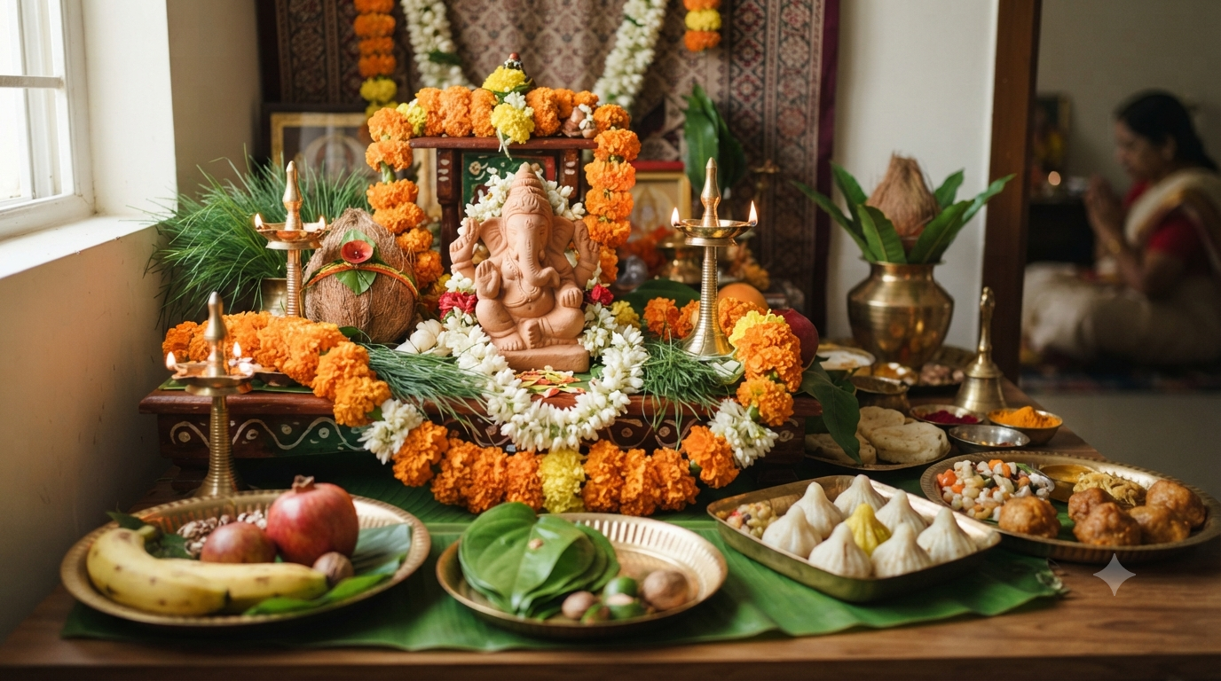 Vinayaka Chavithi 2026 home puja with clay Ganesha, flowers, durva and traditional Telugu offerings