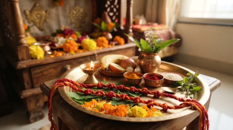 Anant Chaturdashi 2026 puja setup with 14-knot Anant Sutra, diya, flowers and offerings