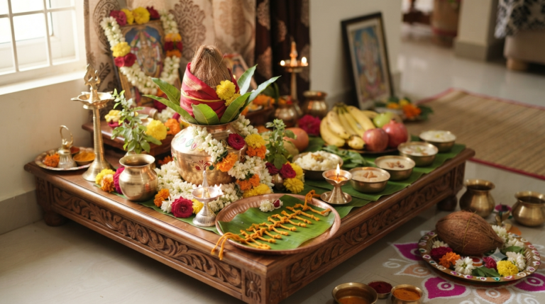Anantha Padmanabha Vratham Pooja with kalasham, flowers, lamps and Anantha Sutram