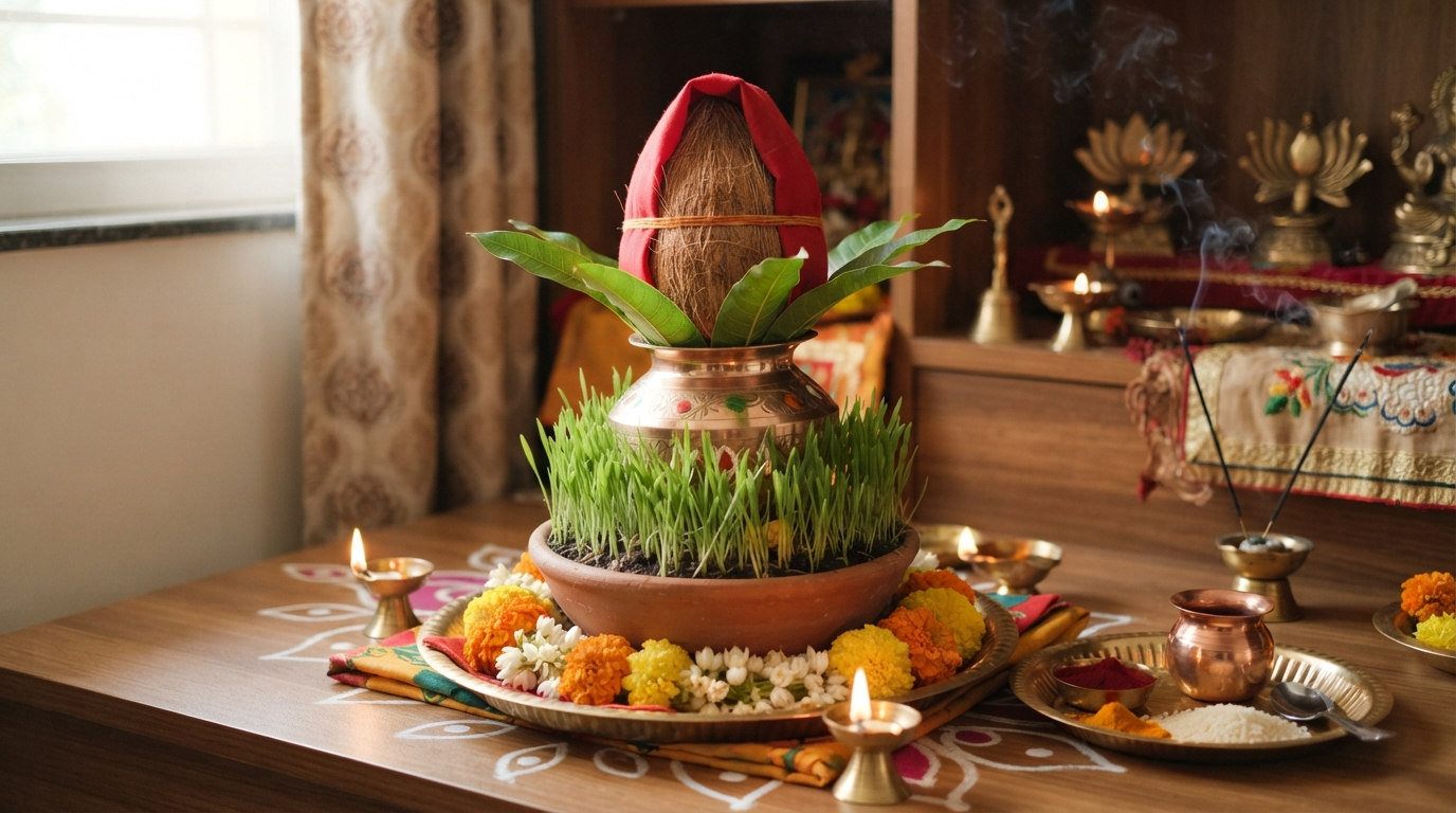 Ghatasthapana 2026 muhurat ritual setup with kalash, coconut, grains and lamp