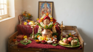 Navaratri Pooja Vidhanam in Telugu home setup with kalasham, deepam, flowers and naivedyam