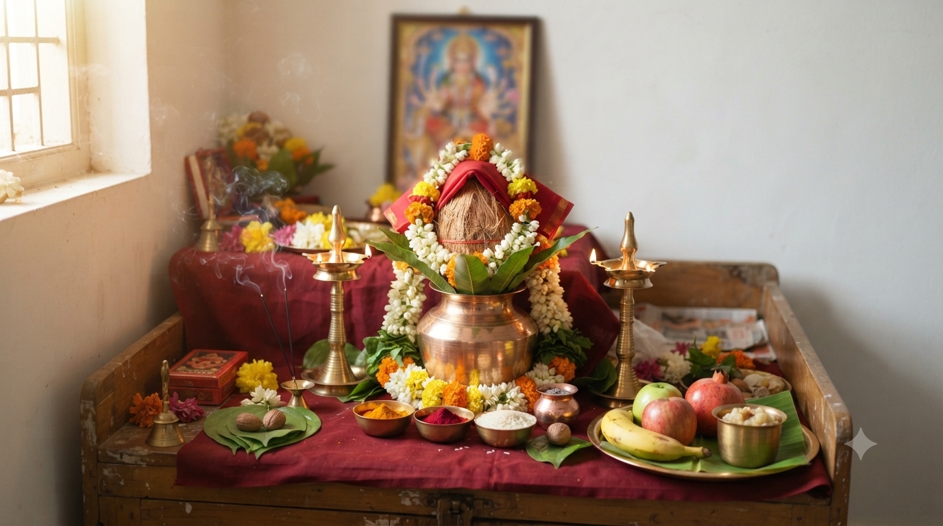 Navaratri Pooja Vidhanam in Telugu home setup with kalasham, deepam, flowers and naivedyam