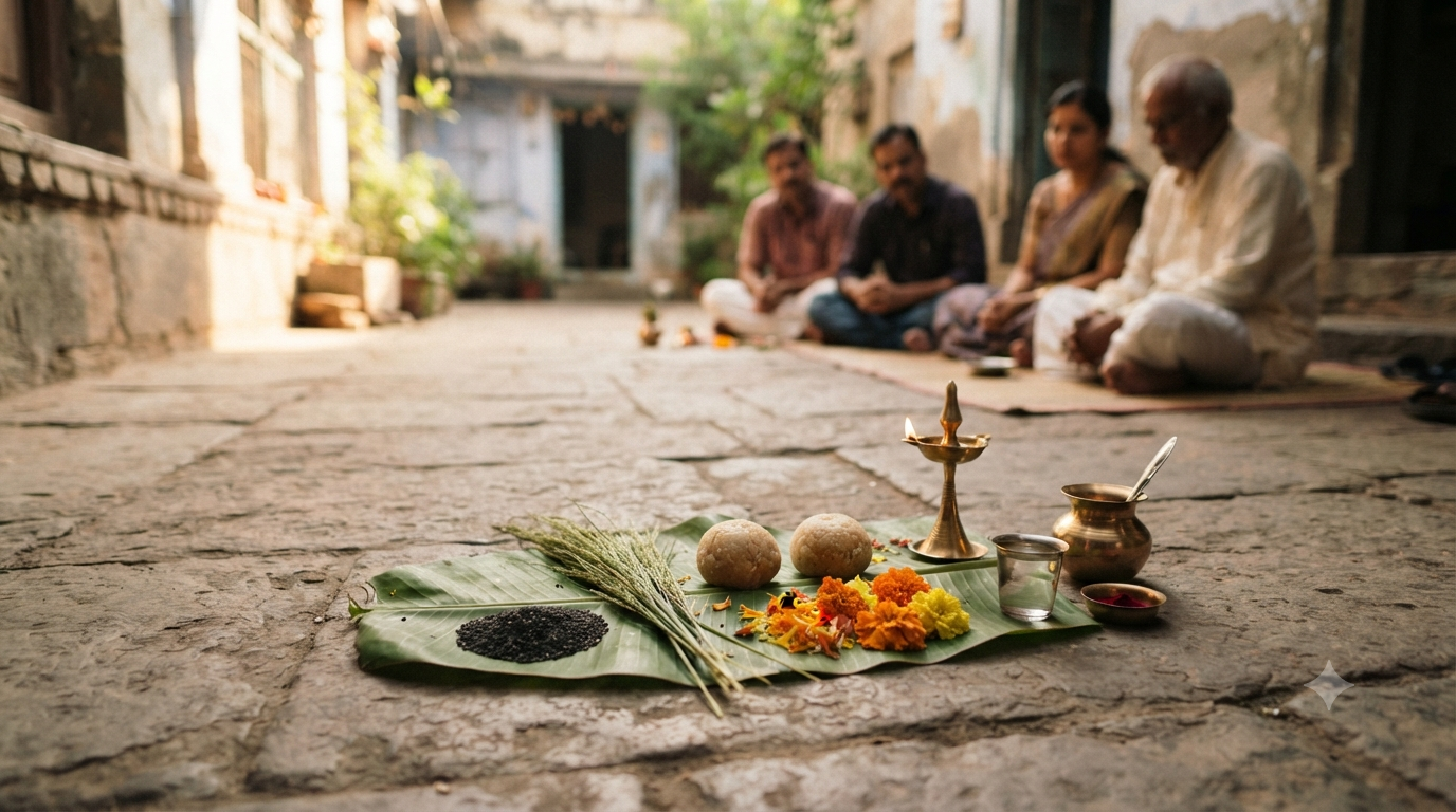 Shradh 2026 dates ritual setup with sesame, darbha, water and pinda offerings