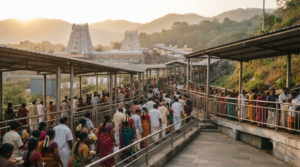 TTD VIP Break Darshan pilgrims waiting in an organised Tirumala queue