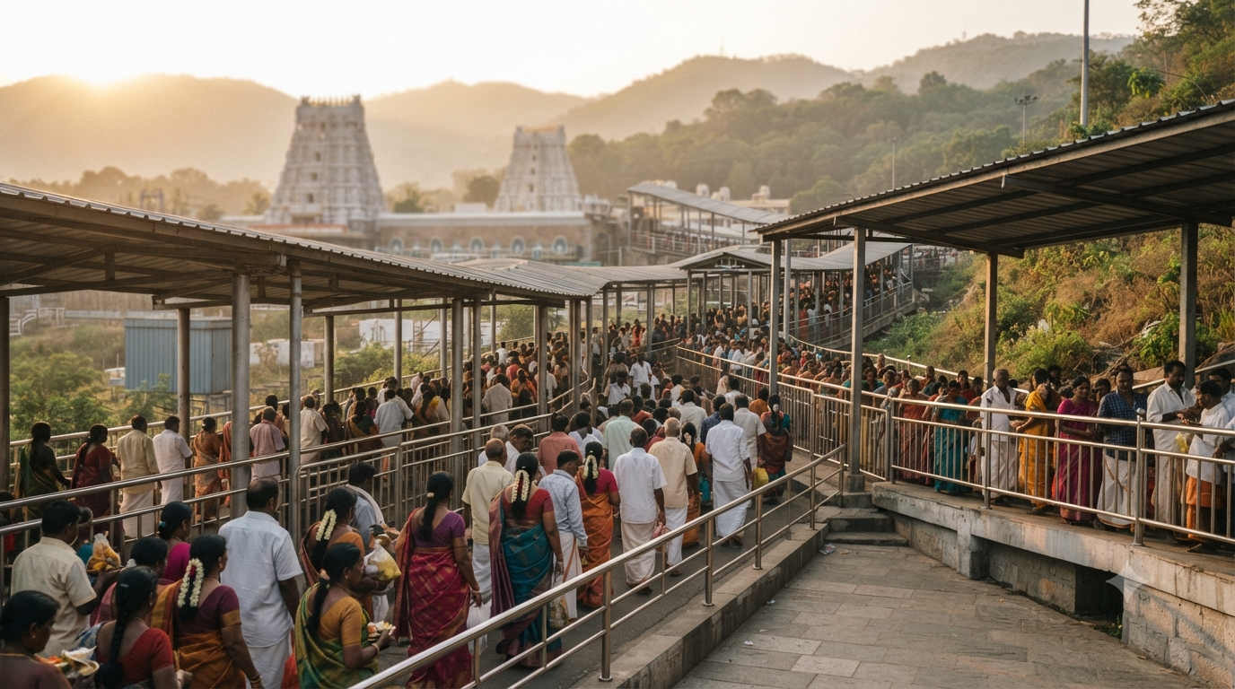 TTD VIP Break Darshan pilgrims waiting in an organised Tirumala queue